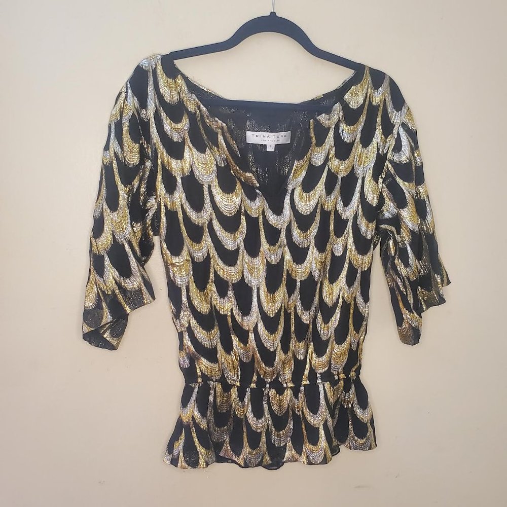 Trina Turk Gold Silver Lame Mettalic Sheer Kimono Silk Blouse Sz PS
